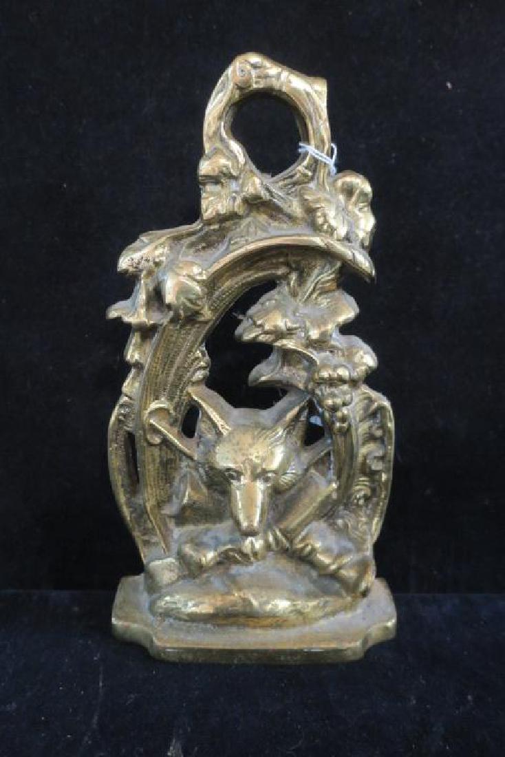 Fox Hunting Motif Brass Doorstop:: Fox Hunting Motif Brass Doorstop: Mr. Fox has Stolen the Hunter's Horn so they can't Start the Hunt, He can Stay Safe in his Hedge and Enjoy the Day. 10" x 5" Solid Brass. (100-200)