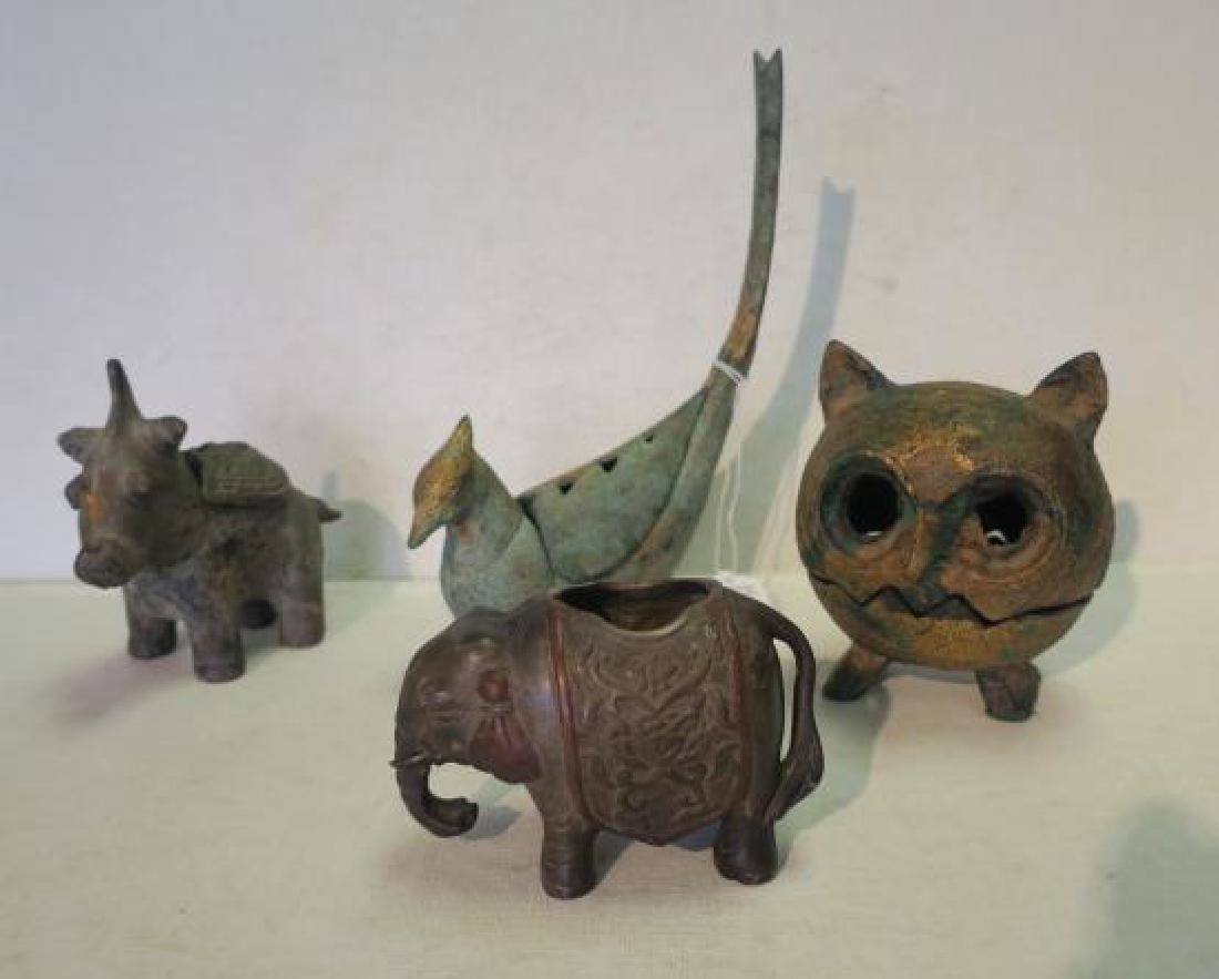 Four Cast Iron and Metal Censers:: Four Cast Iron and Metal Censers: Asian Style Cast Metal Pheasant Censer is Shaped to Resemble the Asian Bird. 9"T. Tibetan Elephant Incense Burner has Detailed Features with Down Turned Trunk. Missin