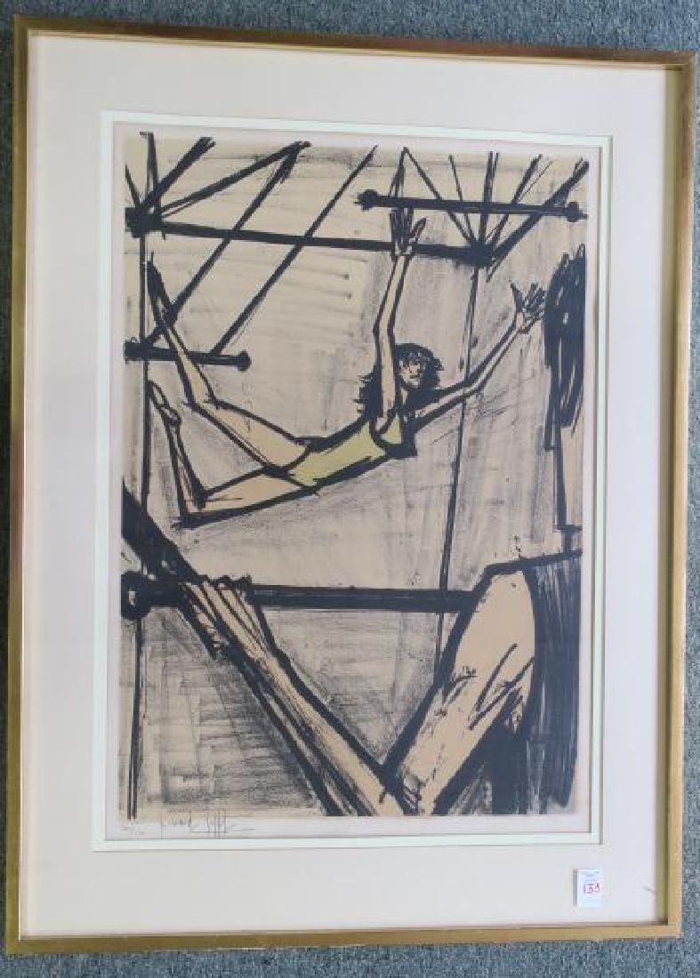 BERNARD BUFFET, THE TRAPEZE ARTISTS, S/N Lithograph:: BERNARD BUFFET, THE TRAPEZE ARTISTS, S/N Lithograph: Number 20/120, Signed in Ink Lower Left Bernard Buffet (1928-1999) French Artist. Image 29" x 20", Framed and Matted to 36" x 27". Between Sartre a