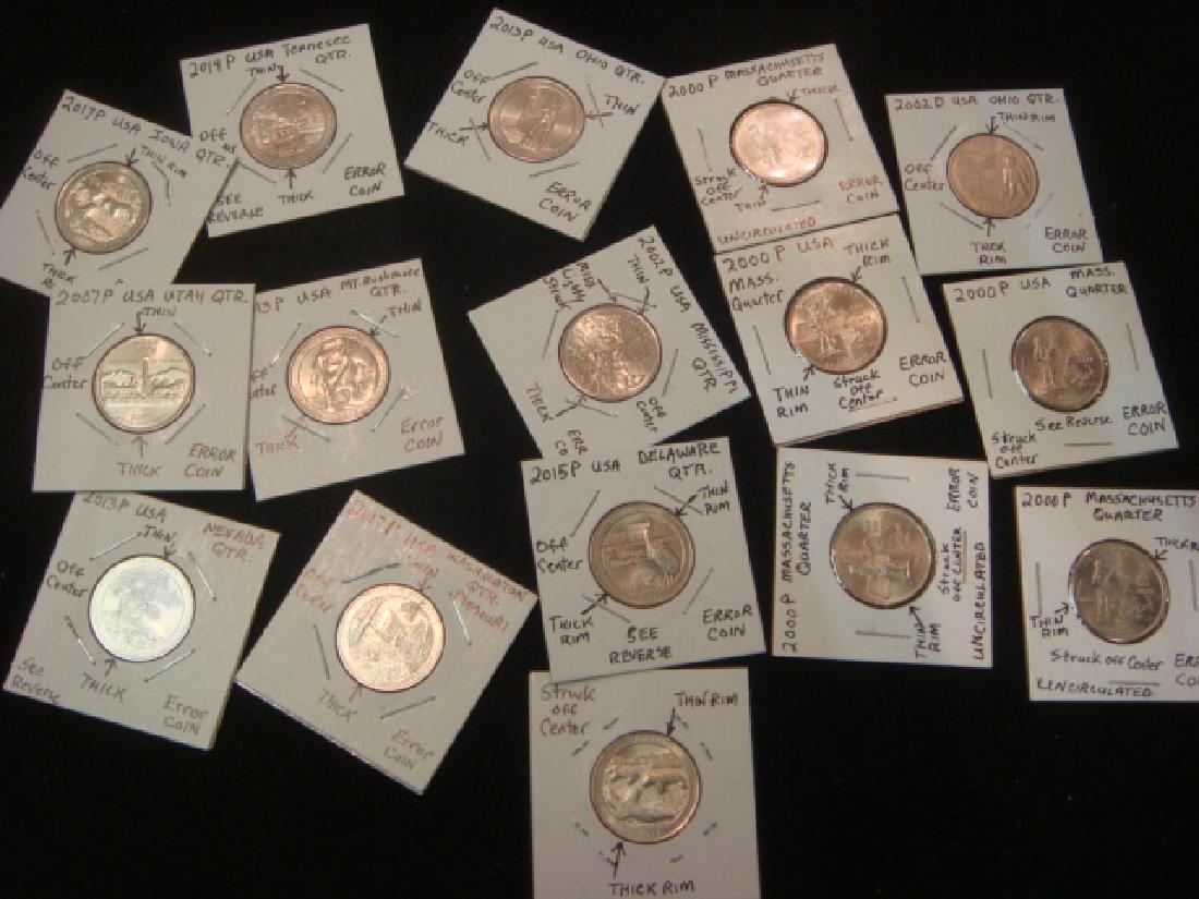 Sixteen Modern US Quarter Mistrikes or Error Coins:: Sixteen Modern US Quarter Mistrikes or Error Coins: Coins are Struck Off-Center Creating a Narrow Rim and a Thick Rim Opposite. Most in Uncirculated Condition. (50-100)