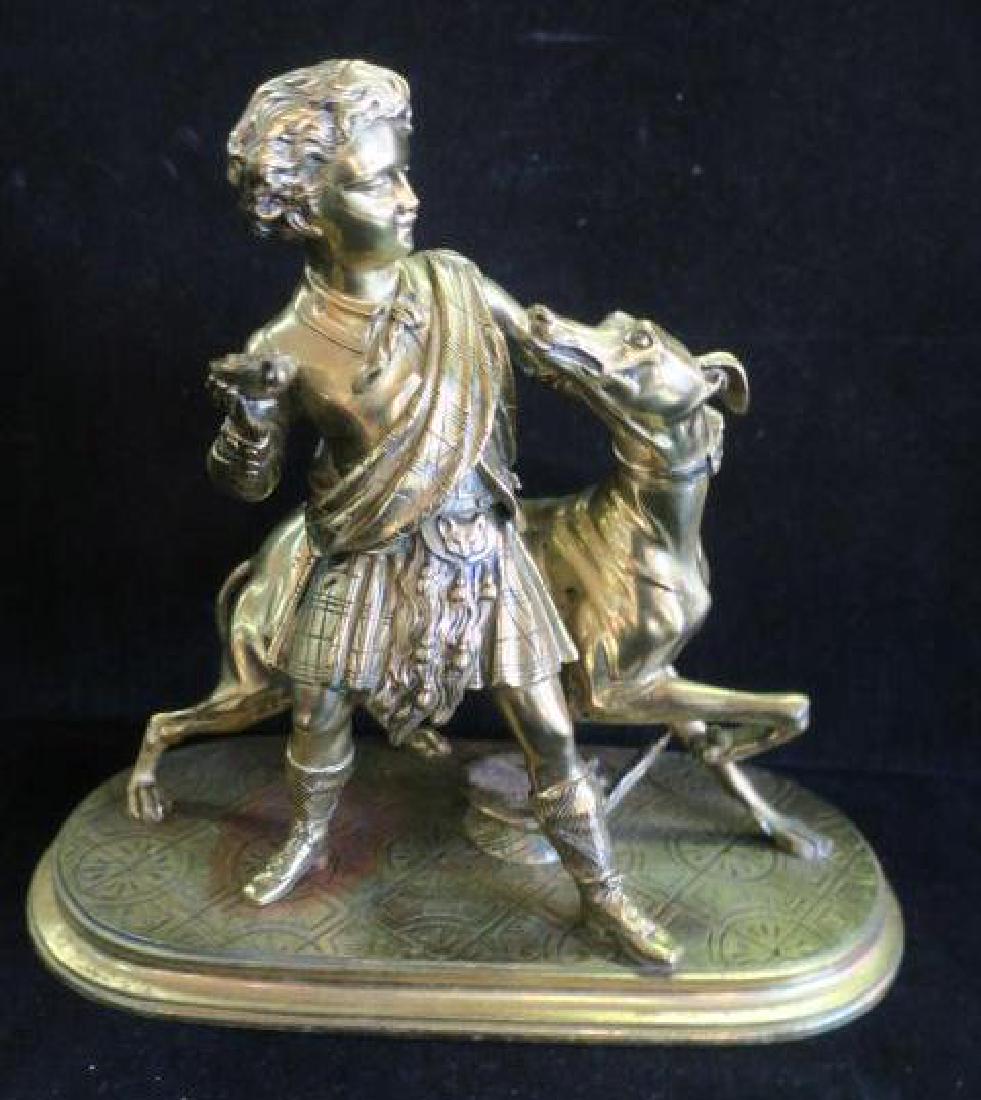 Gilt Bronze/Brass Scottish Lad with Whippet:: Gilt Bronze/Brass Scottish Lad with Whippet: After Arthur Waagen (German 1833-98). Unsigned. Boy in Kilt with Sash and Spooran Tries to Hold Back his Dog from Getting his Food. Hat is Under Dog. 8 3/4