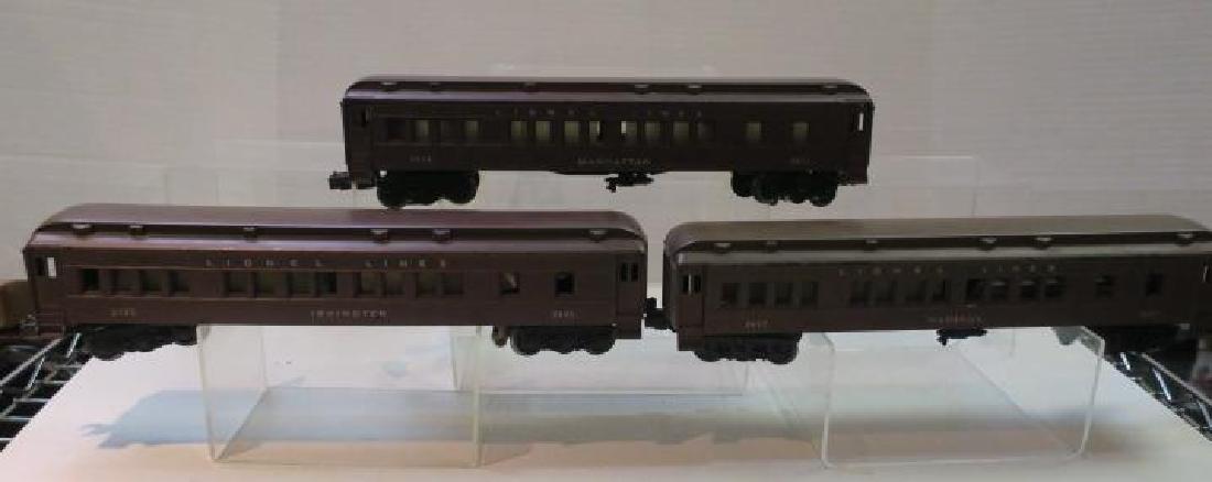 Three LIONEL Heavyweight O-Gauge Passenger Cars:: Three LIONEL Heavyweight O-Gauge Passenger Cars: Heavyweight Style MANHATTEN #2628, IRVINGTON #2625 and MADISON #2677 With Lighted Interiors, CA 1950, Very Good Condition. (250-400)