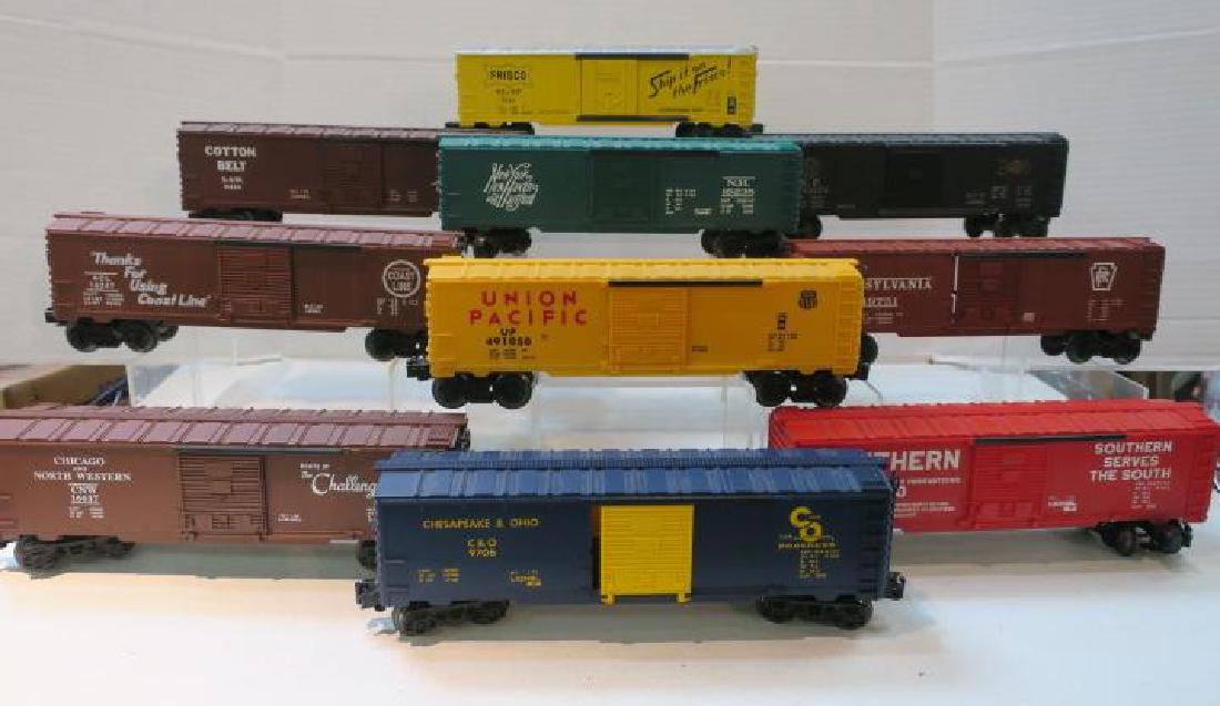 Ten LIONEL BOX CARS, O Gauge Plastic Box Cars