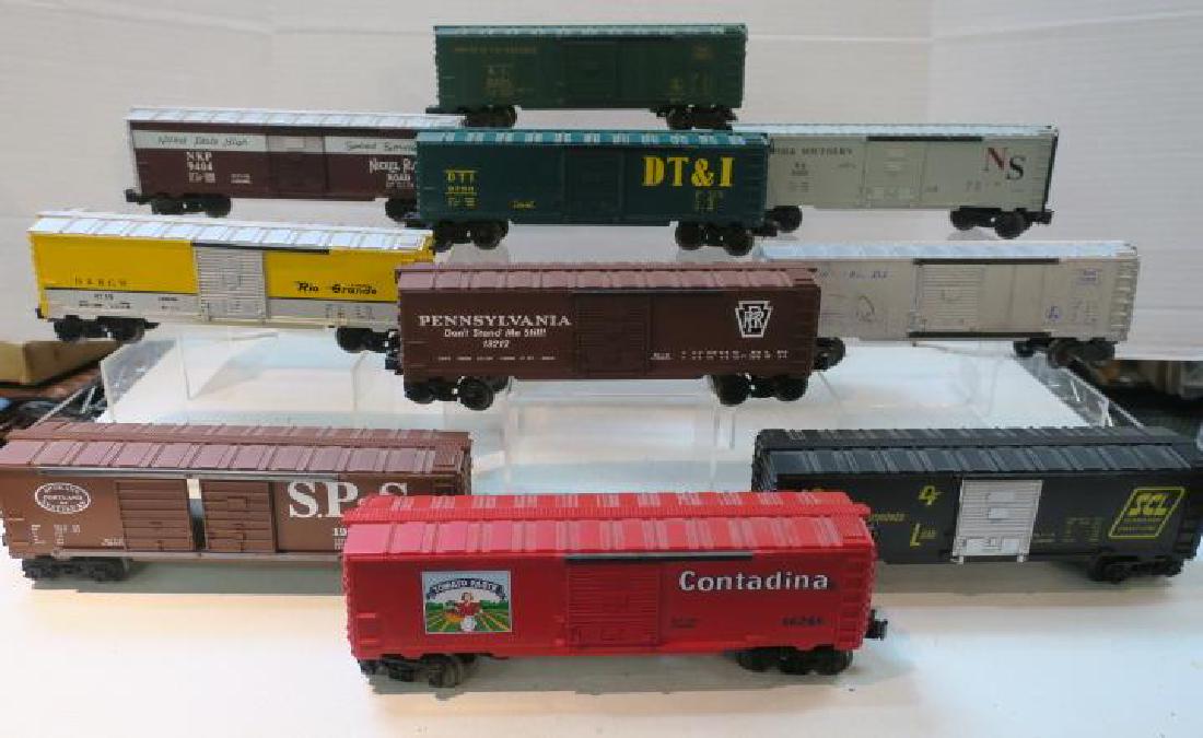 Ten LIONEL BOX CARS, O Gauge Plastic Box Cars