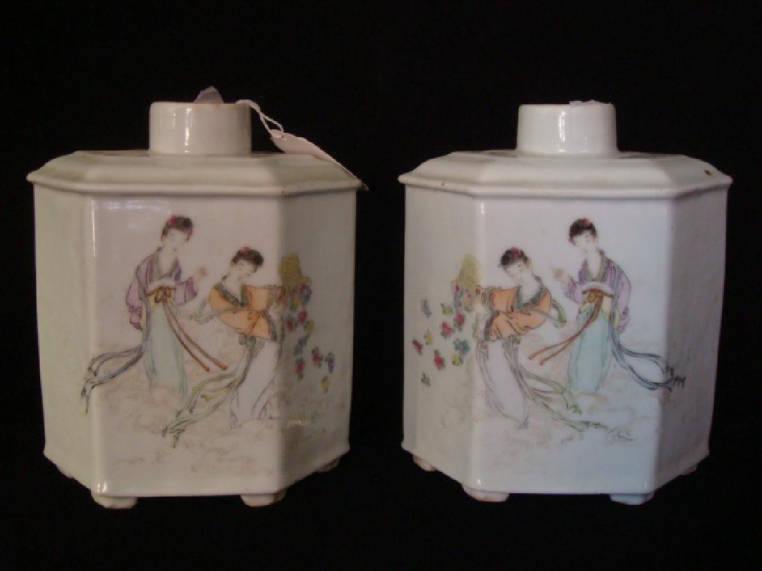 Pair of Antique Hexagonal Chinese Export Tea Caddies:: Pair of Antique Hexagonal Chinese Export Tea Caddies: Footed Faceted Body in Light Celadon/Grey with Hand Painted Colorful Geishas on Fronts. Chinese Characters on Reverse Panels. 6"T X $ 1/2"W. (400-