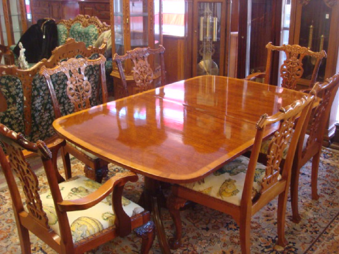 KITTINGER Federal Style Double Pedestal Dining Table:: KITTINGER Federal Style Double Pedestal Dining Table: Mahogany Table with 1 1/2" Yew Wood Band on Edge Accented by Line Inlay. Solid Brass Animal Paw Feet. Includes two-18" Leaves. Table measures 68"X