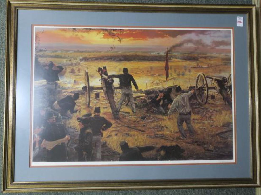 DALE GALLON "HAZLETT'S BATTERY" S/N LITHO 270/750:: DALE GALLON "HAZLETT'S BATTERY" S/N LITHO 270/750: Hazlett's Battery Fights to Hold Little Round Top, July 2nd 1863. Image 20" x 32" Framed and Matted to 28" X 39". Desperate Action at the Battle of G