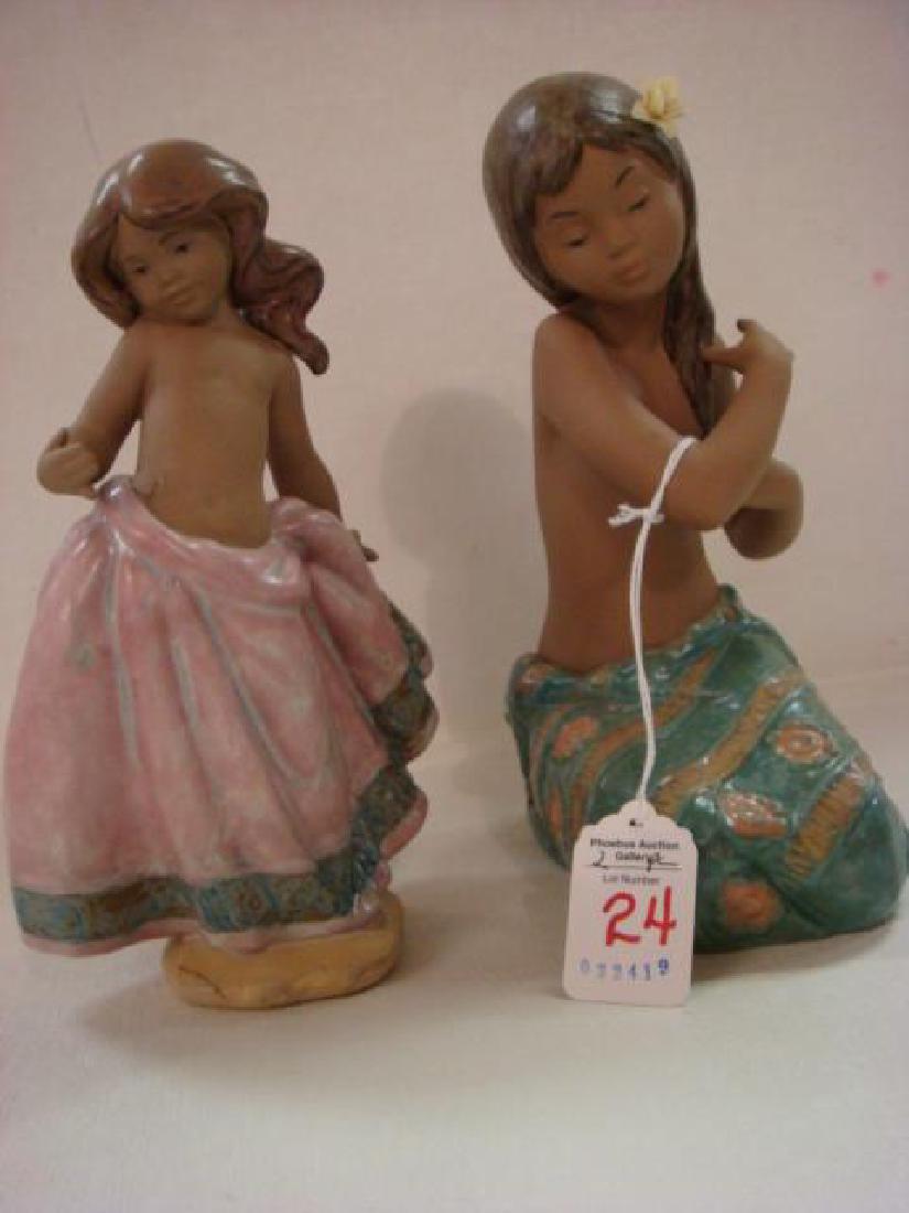 LLADRO Gres Island Girl and Little Peasant Girl:: LLADRO Gres Island Girl and Little Peasant Girl: #2383 "Pacific Jewel" Polynesian Island Girl is 8"T. Issued 1998. One Petal of Flower in Hair is Missing. #2331 "Little Peasant Girl" Pink is 7 1/2"T. 