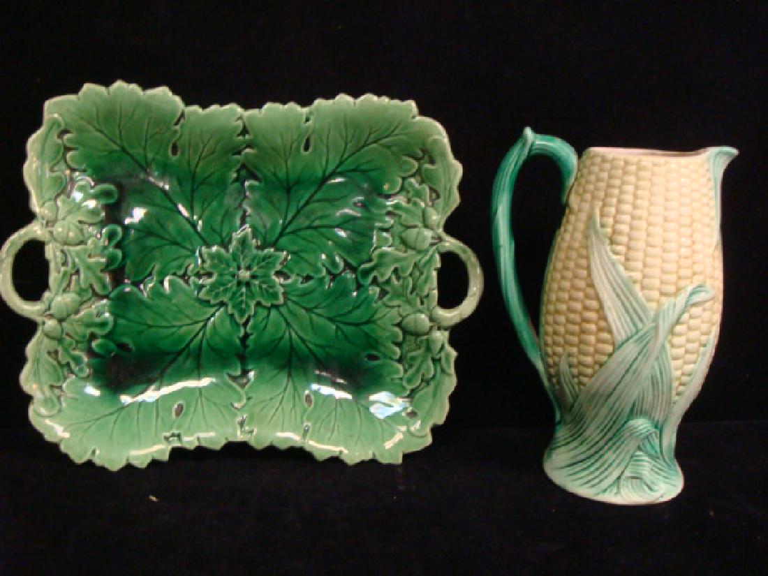 Majolica Corn Pitcher and Leaf Tray:: Majolica Corn Pitcher and Leaf Tray: Corn Pitcher is 7 1/4"T with Pink Interior and Green Leaves. Small flake on Inner Rim. Green Rectangular Double Handled Leaf Tray with Oak Leaves & Acorns by handl
