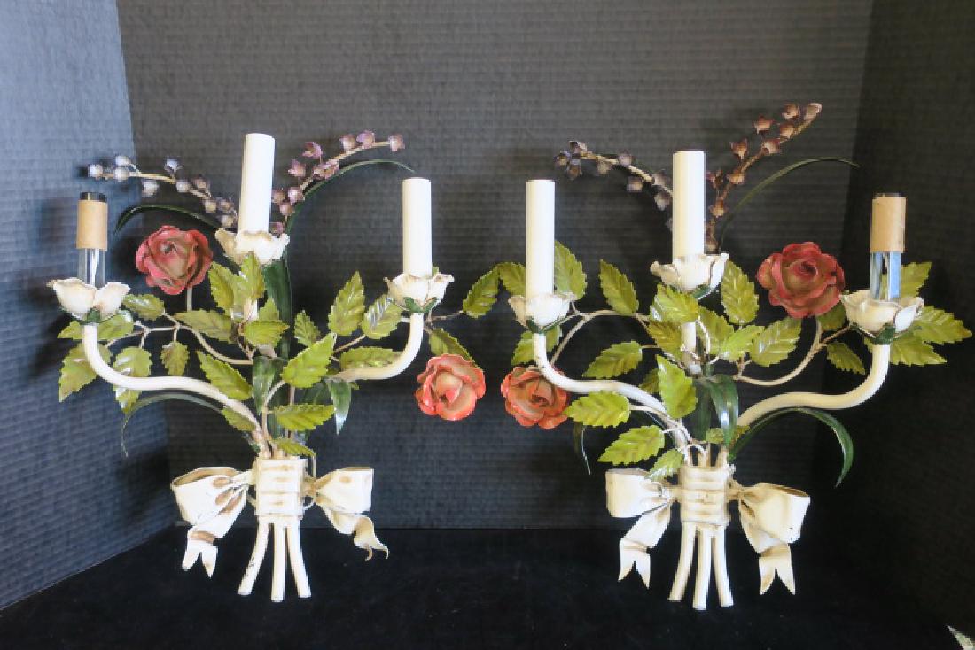 Pair of Three Arm Tole Painted Sconces:: Pair of Three Arm Tole Painted Sconces: Shabby Chic Wall Bracket with Pink Roses and Green Leaves, Bouquet is Tied with a Bow Ending in Three Stems. Three Light Distressed Cottage Style. Originally El