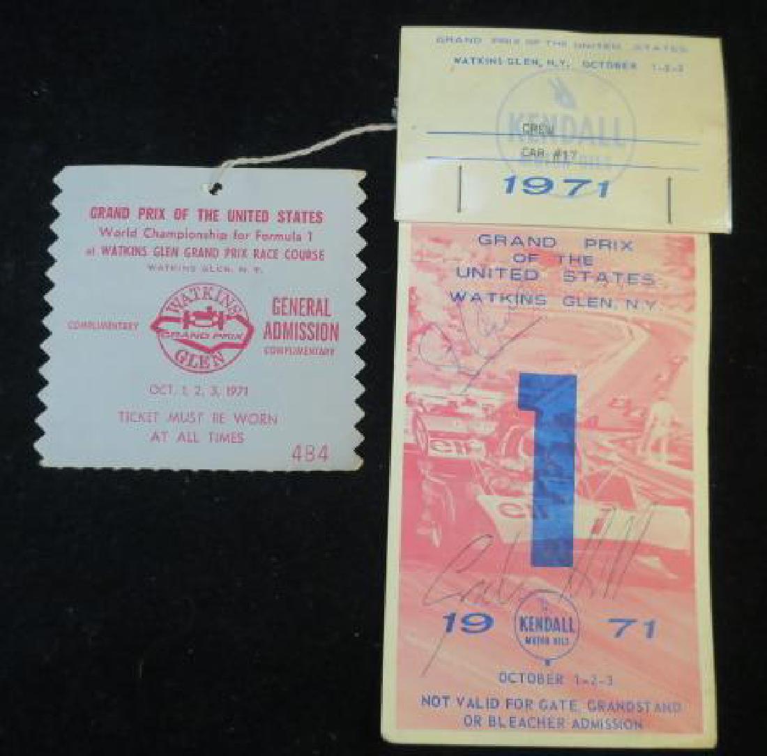 AUTOGRAPHED 1971 GRAND PRIX AMERICA Ticket & Pit Pass:: AUTOGRAPHED 1971 GRAND PRIX AMERICA Ticket & Pit Pass: Autographed by FRANCOIS CEVERT (Winner)and GRAHAM HILL 1st Formula One Race Won by the Dashing French Driver & Playboy before he was Killed at th