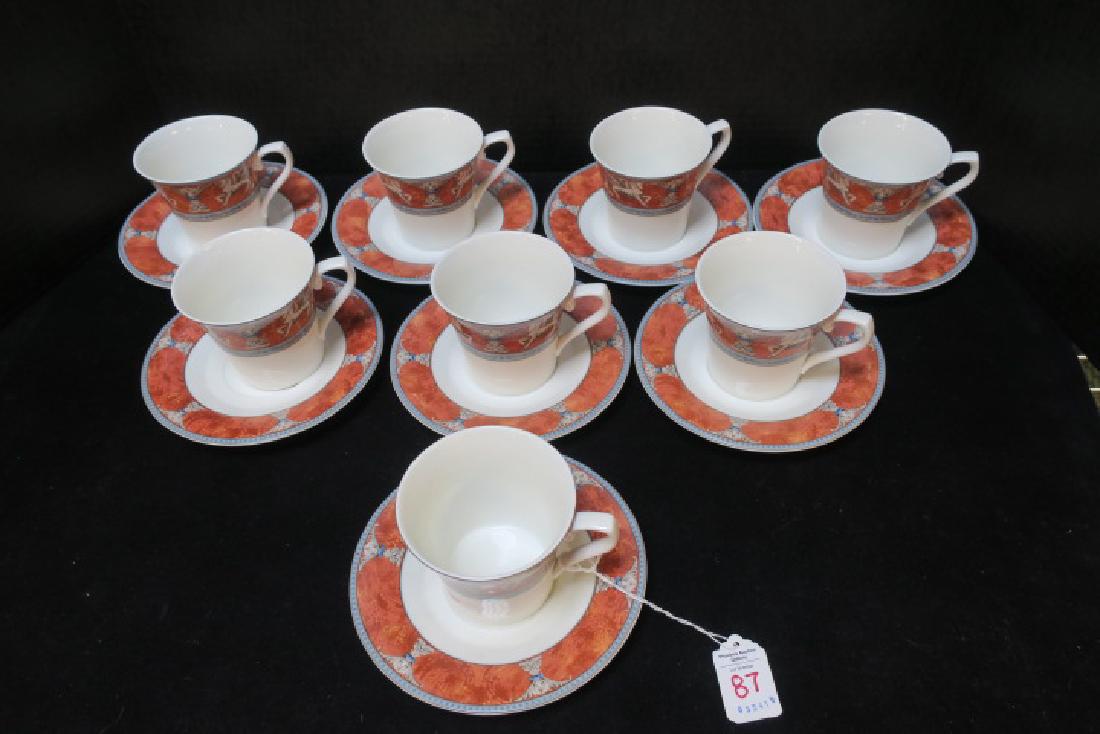Eight MIKASA Pegasus Coffee Cups and Saucers:: Eight MIKASA Pegasus Coffee Cups and Saucers: Crafted in Indonesia. Produced 1999-2000 for Ultima Plus Line. Orange Marbled Rim on White Center with Blue Dot Edge. Also Includes Eight Fitz & Floyd "Ca