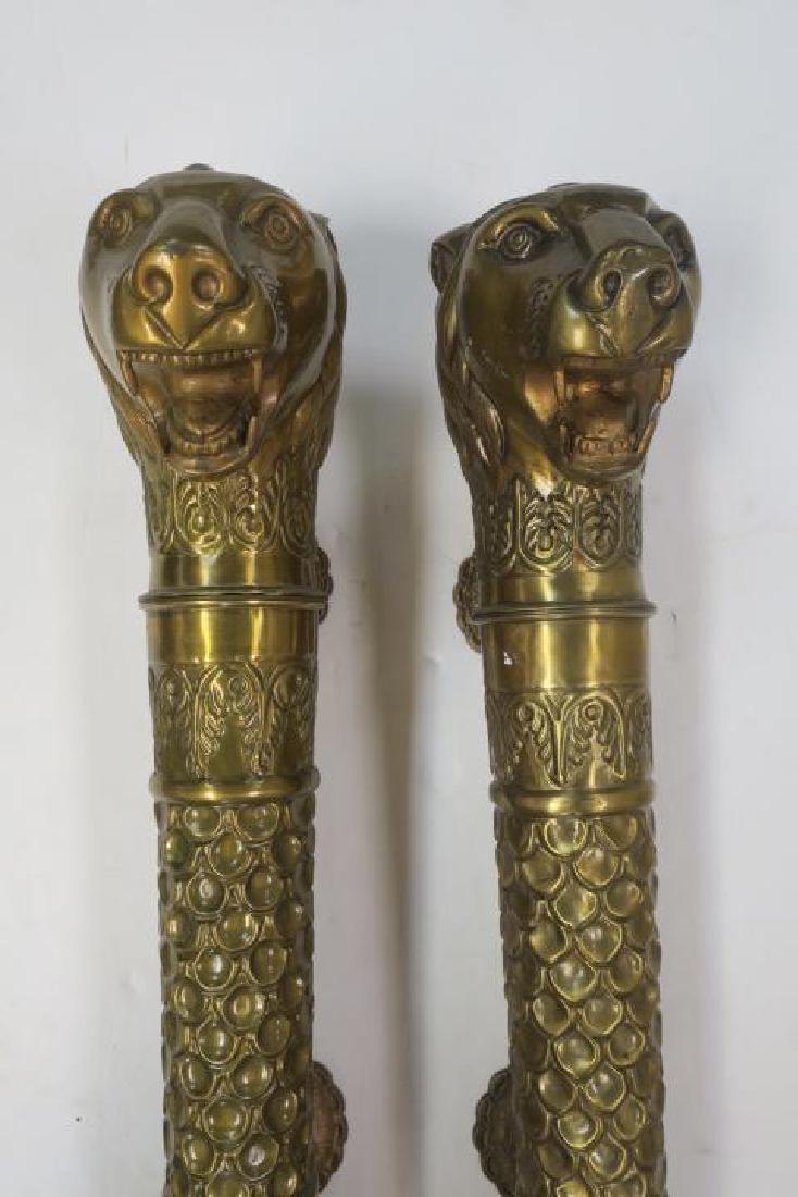 Impressive Repousse Brass Lion Head Door Handles:: Impressive Repousse Brass Lion Head Door Handles: Majestic Handles From India Done in Mughal Style. Tapered Tubular Form with Roaring Lion Head Finial Set Above a Scrolling Leaf Band Over Lapped Petal