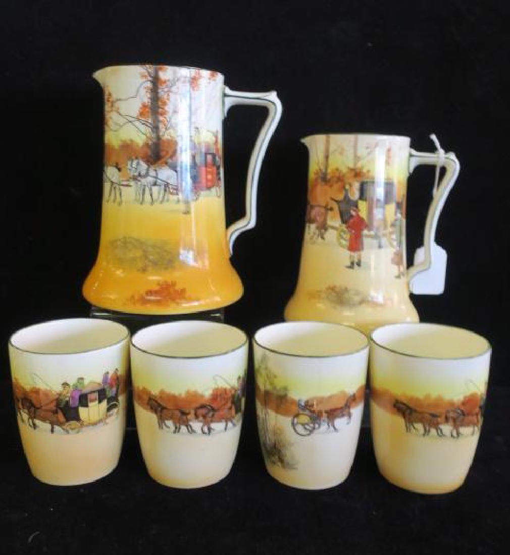 ROYAL DOULTON "Coaching Days" Pitcher and Tumblers:: ROYAL DOULTON "Coaching Days" Pitcher and Tumblers: Two Flared Base Pitchers, 7" and 6"T. 7" has Hairline Crack at Base. Four 3 3/4"T Tumblers (One Cracked). (200-300)