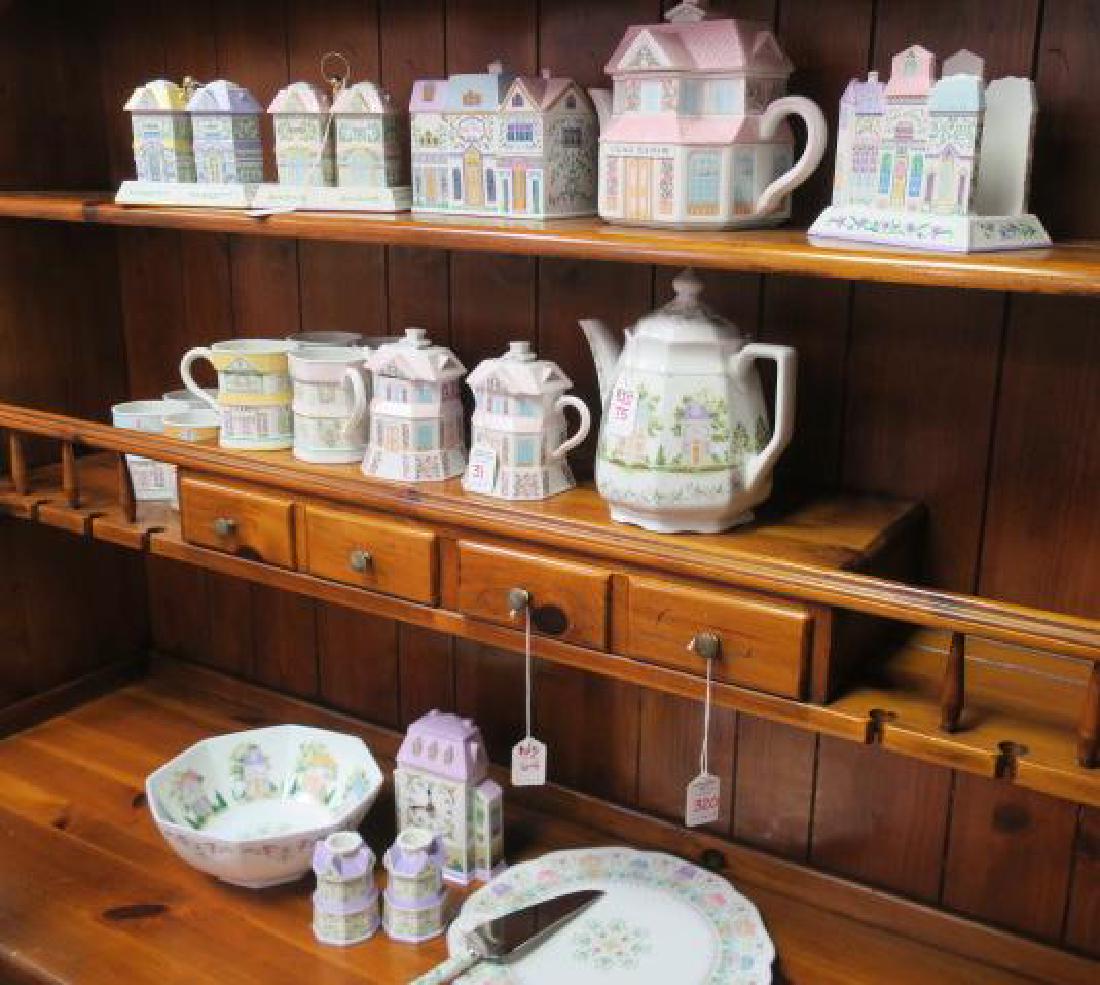 LENOX VILLAGE Porcelain Serving Pieces, Clock, Cannis:: LENOX VILLAGE Porcelain Serving Pieces, Clock, Cannis: Recipes Box with Cards and Dividers and Napkin Holder are Both 5"T, 6"W, 1994. Cheese, Garlic, Salt and Pepper Shakers in Caddies Dated 1991 & 19