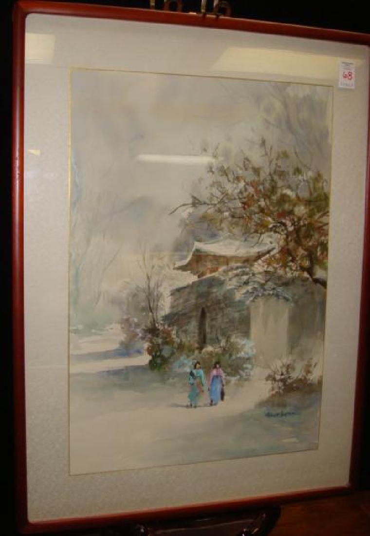 Watercolor of Korean Pagoda by HOE WON:: Watercolor of Korean Pagoda by HOE WON: Gray Stone Structure in Winter with Female Figures Walking Toward Foreground. A Buddhist Religious Structure Found at Temples. Muted Soft Colors, Signed LR. Mos