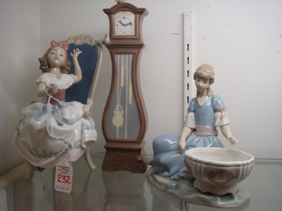 Three LLADRO Porcelain Figurines:: Three LLADRO Porcelain Figurines: Girl Jewelry Dish #4713. Issued 1970, Retired 1978. 6 3/4"T. Piece in Hand Broken. "Awaiting My Sweetheart" #8384. Girl in Chair Primping with Mirror (Missing). "Time