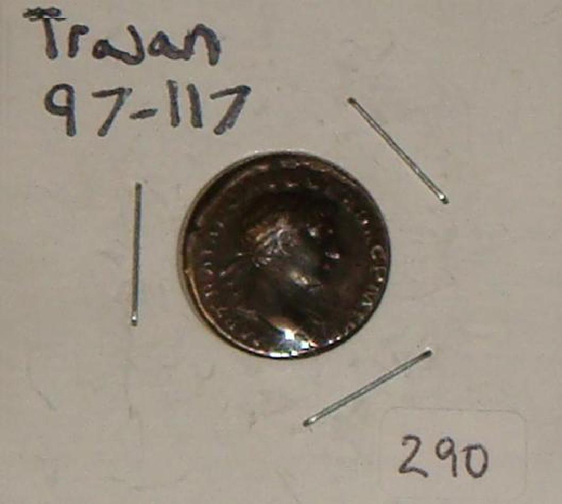 Emperor TRAJAN Ancient Roman Silver Denarius Coin:: Emperor TRAJAN Ancient Roman Silver Denarius Coin: CA 98-117 AD Dime Sized Silver Coin. Bust of Emperor TRAJAN on Obverse and Playboy Playmate on Reverse. Fine Condition. (300-500)