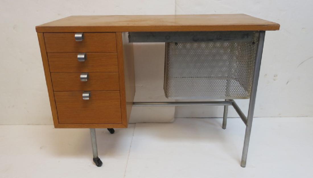 GEORGE NELSON for HERMAN MILLER Small Office Desk :: GEORGE NELSON for HERMAN MILLER Small Office Desk w/Tubular Steel Legs: Bleached Blonde Mahogany Single Pedestal Desk. Three Small Compartmented Drawers Over Larger Storage Drawer, all with Aluminum P
