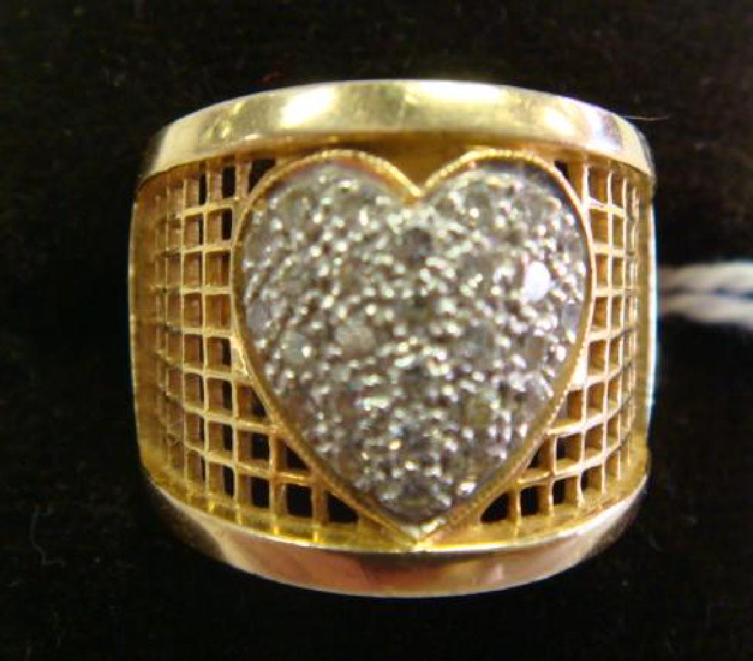 Ladies 18KT Lattice Diamond Ring:: Ladies 18KT Lattice Diamond Ring: Marked 750 (18KT), Yellow Diamond Cut Lattice Work Band Designed with Defined Edge. Heart Crown is Filled with Prong Set Round Diamonds. Wide Band, Size 5. (800-1200)