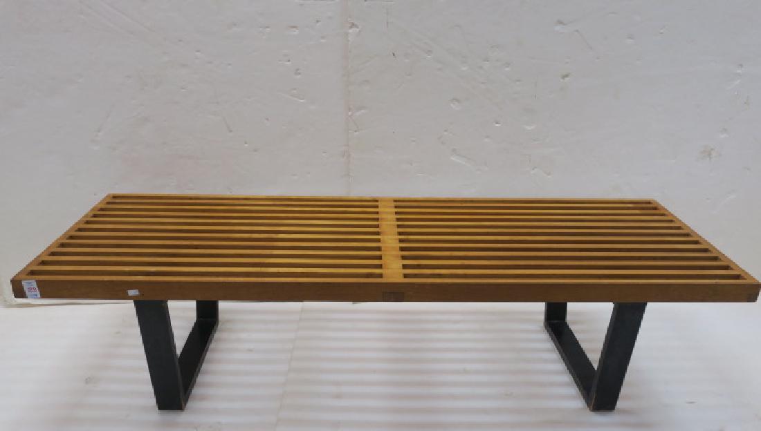 GEORGE NELSON Style Maple Slat-top Bench:: GEORGE NELSON Style Maple Slat-top Bench: Iconic Piece of Mid-Century Design for Home or Office. Supports 300 Lbs. Slat-top with Finger Jointed Ends, with Geometric Ebony Painted Legs. CA 1960. 14" x 