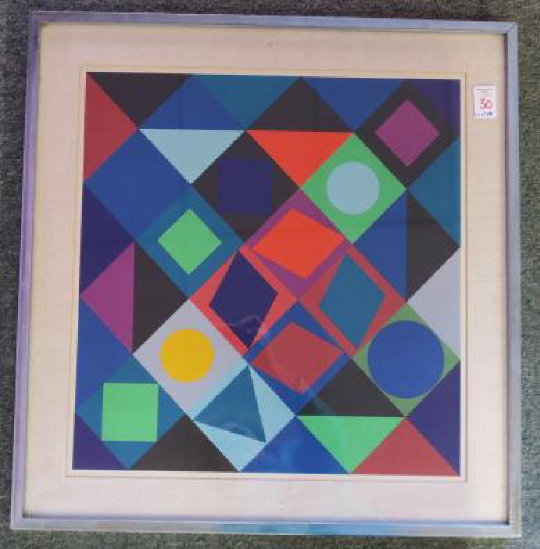 VICTOR VASARELY "Planetarische Folklore" Serigraph:: VICTOR VASARELY "Planetarische Folklore" Serigraph: French/Hungarian Artist (1906-1997). From Galerie Der Spiegel, Koln. Geometric Serigraph is 17 3, X 18 1/2" Matted and Framed to 22 1/2" X 23 1/2". 