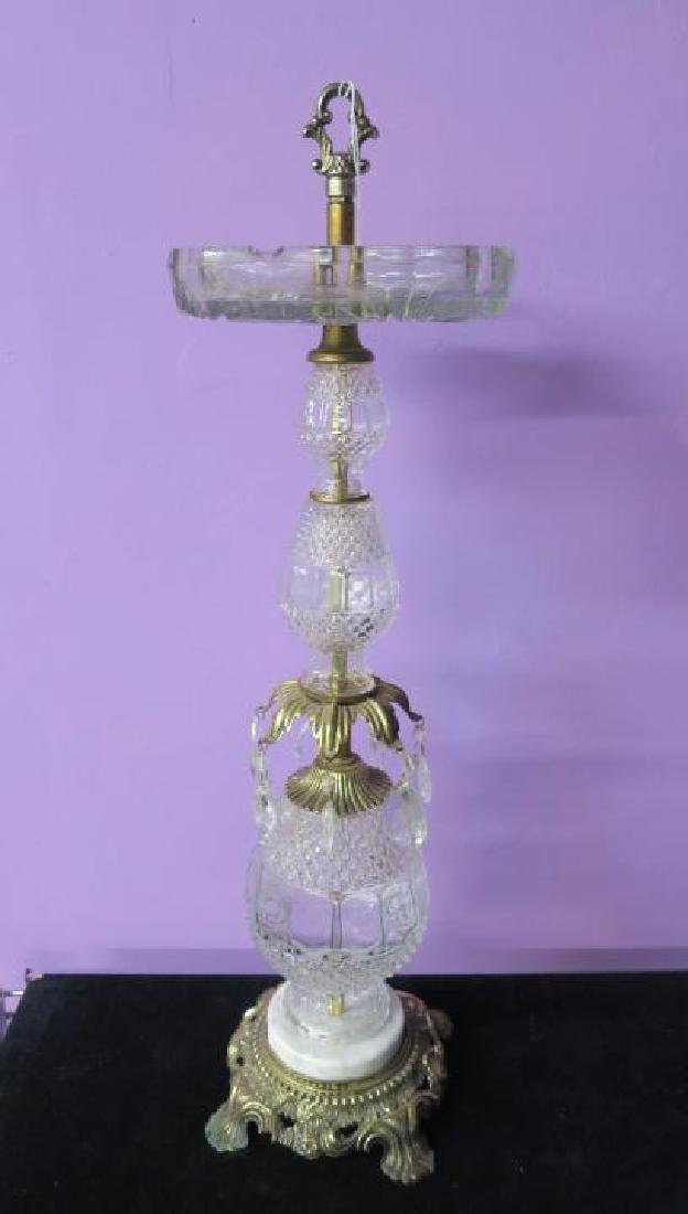 Crystal & Brass Hollywood Regency Standing Ashtray:: Crystal & Brass Hollywood Regency Standing Ashtray: UP GRADE YOUR HABIT. Vintage Asher with Brass Handle over Crystal Ashtray Bowl over Main Crystal Column. Teardrop Prisms Decorations, Marble Center 