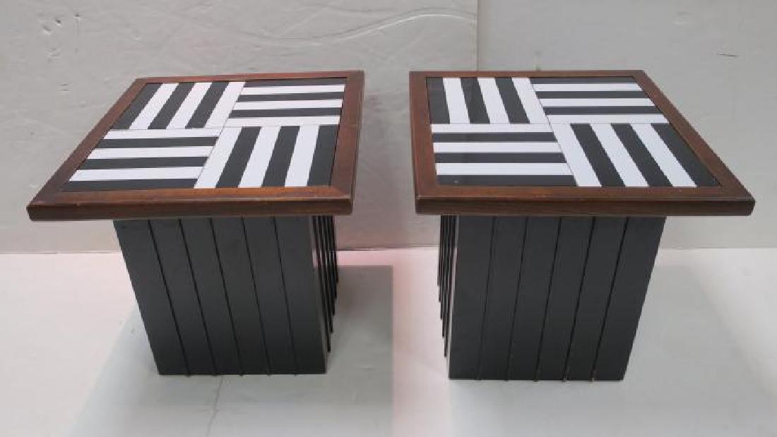 Pair of Mid Century Modern Novelty Side Tables:: Pair of Mid Century Modern Novelty Side Tables: Black and White Striped Ceramic Tiles set in Wooden Frame. Recessed Pedestal Base. 19"T X 18" Square Top. (200-400)