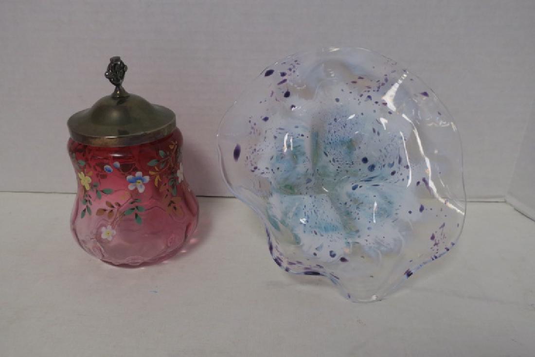 Art Glass Jar and Blown Glass Bowl:: Art Glass Jar and Blown Glass Bowl: Cranberry Glass Jar with Painted Enamel Flowers and Silver Plate Lid is 6 1/2"T. Freeform Blown Glass Bowl Looks Like a Flower. Streaky White in Clear with Purple A