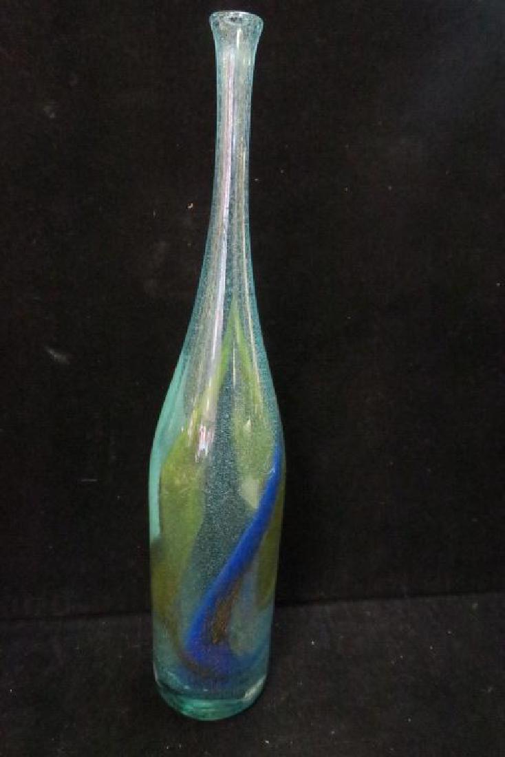 Mid-Century JOHANSFORS Scandinavian Glass Bottle:: Mid-Century JOHANSFORS Scandinavian Glass Bottle: Blown Glass Bottle Vase with Green, Blue and Brown Swirls, Spontana Design. Foil Johansfors Sticker & Signed Johansfors Orup on Bottom of Polished Pon