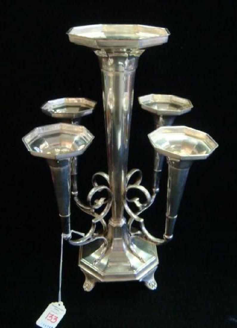 FRANK COBB & CO Five Arm Silver Plate Epergne:: FRANK COBB & CO Five Arm Silver Plate Epergne: In Business in Sheffield From 1903-1986. Paneled Weighted Octagon Base on Four Splayed Floral Feet. It Supports Four Curled Arm Branches Holding Four Pan