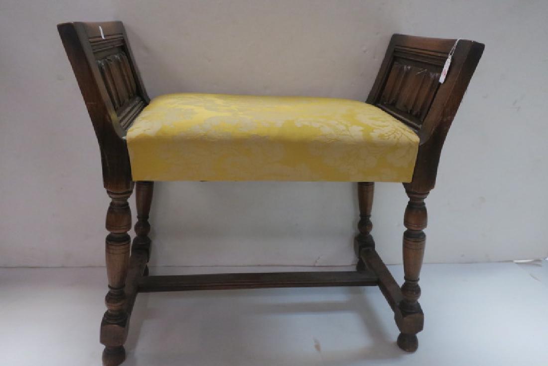 KITTINGER Walnut Bench, Matches Item #114:: KITTINGER Walnut Bench, Matches Item #114: Tall Carved Side Bench has Turned Legs, H Stretcher. Upholstered Seat. 23 1/2"T, 13"D. (200-400)