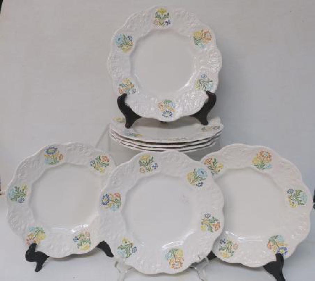 Eight Royal Cauldron for TIFFANY & CO. Ironstone Plates: Eight Royal Cauldron for TIFFANY & CO. Ironstone Plates CA. 1963-1977. 9" Scalloped Lunch Plates with Hand Painted Floral Decorations on Rims. (100-200)
