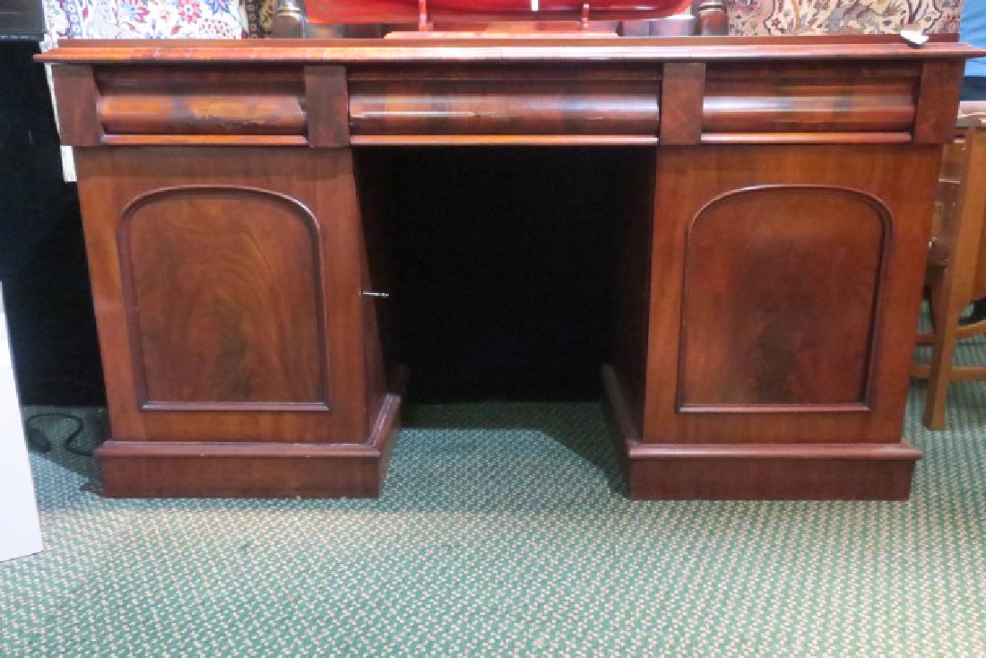 Impressive 19th C Mahogany Double Pedestal Desk:: Impressive 19th C Mahogany Double Pedestal Desk: Three Side by Side Drawers with Figural Ogee Fronts. Hand Cut Dovetails at Back of Drawers. Pedestals are Cabinets with 2 Sliding Tray/Drawers Inside. 