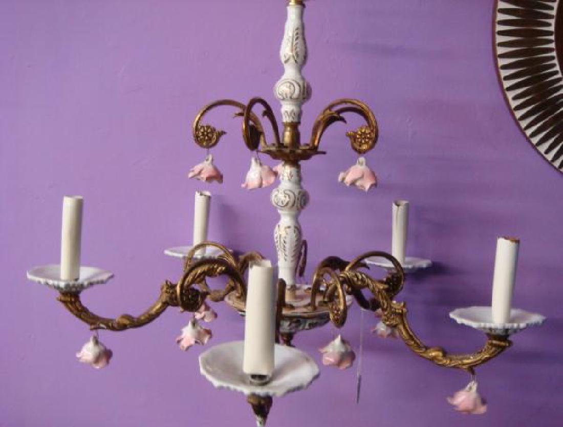 Petite Capodimonte Style 5 Arm Chandelier:: Petite Capodimonte Style 5 Arm Chandelier: Delicate Ornate Light Fixture is Chain Supported. Baluster and Ball Stem is White with Gold Accents. 5 "C" Shaped Metal Arms with Nested Flower Heads Hold Pi