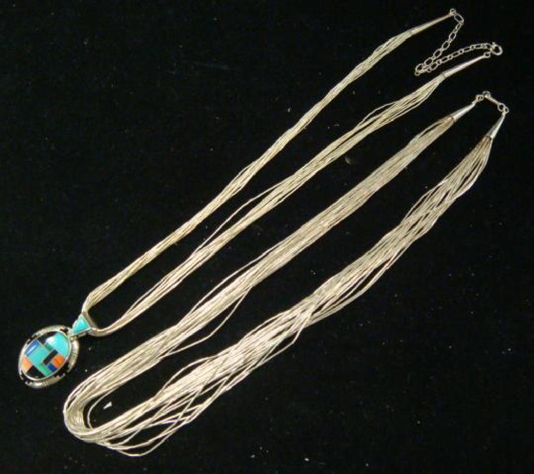 Two Heshi Bead Liquid Silver Necklaces:: Two Heshi Bead Liquid Silver Necklaces: These Tube Beads Give the Piece a Cascading Fluid Look. 24" 10 Strand Marked on Cone Connectors with Spring Ring Closure. Signed Polished Pendant of Various Col