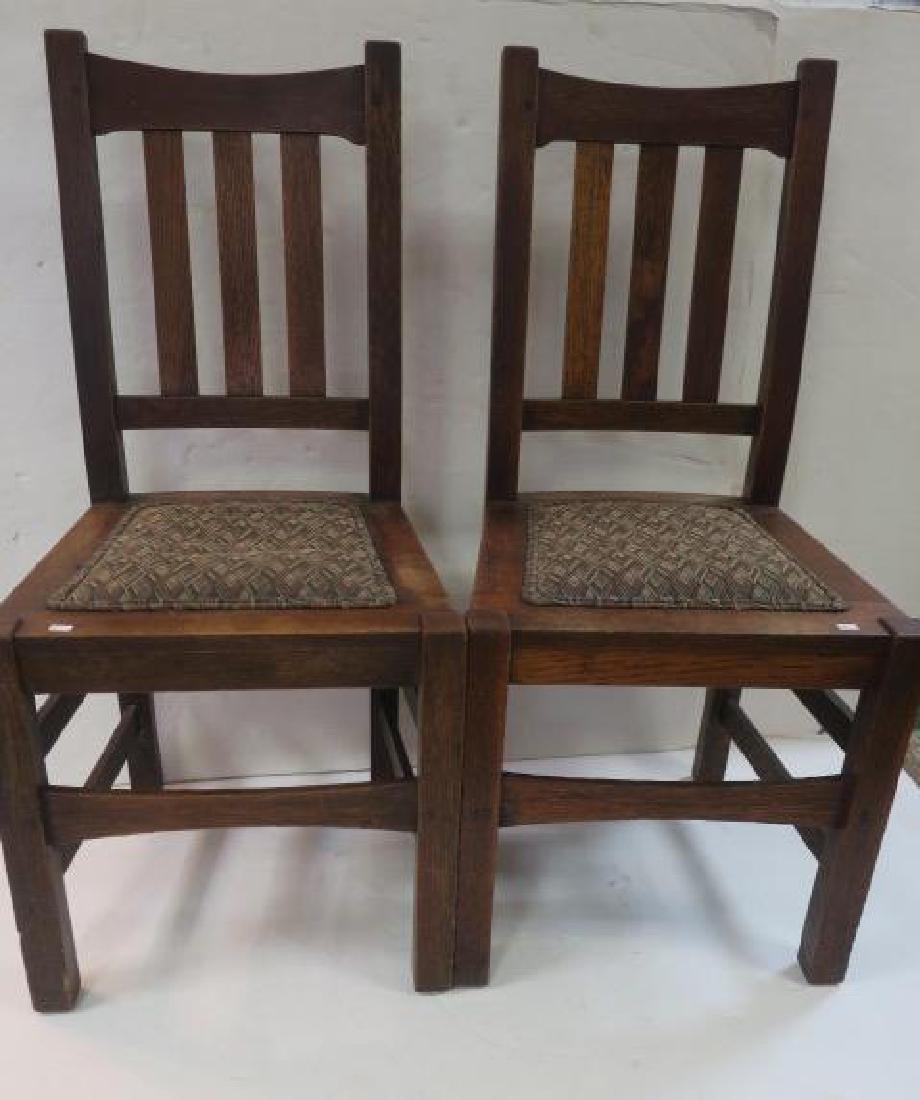 Six STICKLEY BROS "Quaint Furniture" Dining Chairs:: Six STICKLEY BROS "Quaint Furniture" Dining Chairs: Arts & Crafts Period CA 1910-15. Original Finish. Each Oak Chair has a Shaped Top Rail Over 3 Vertical Slats. Upholstered Seat Panels. Square Legs J