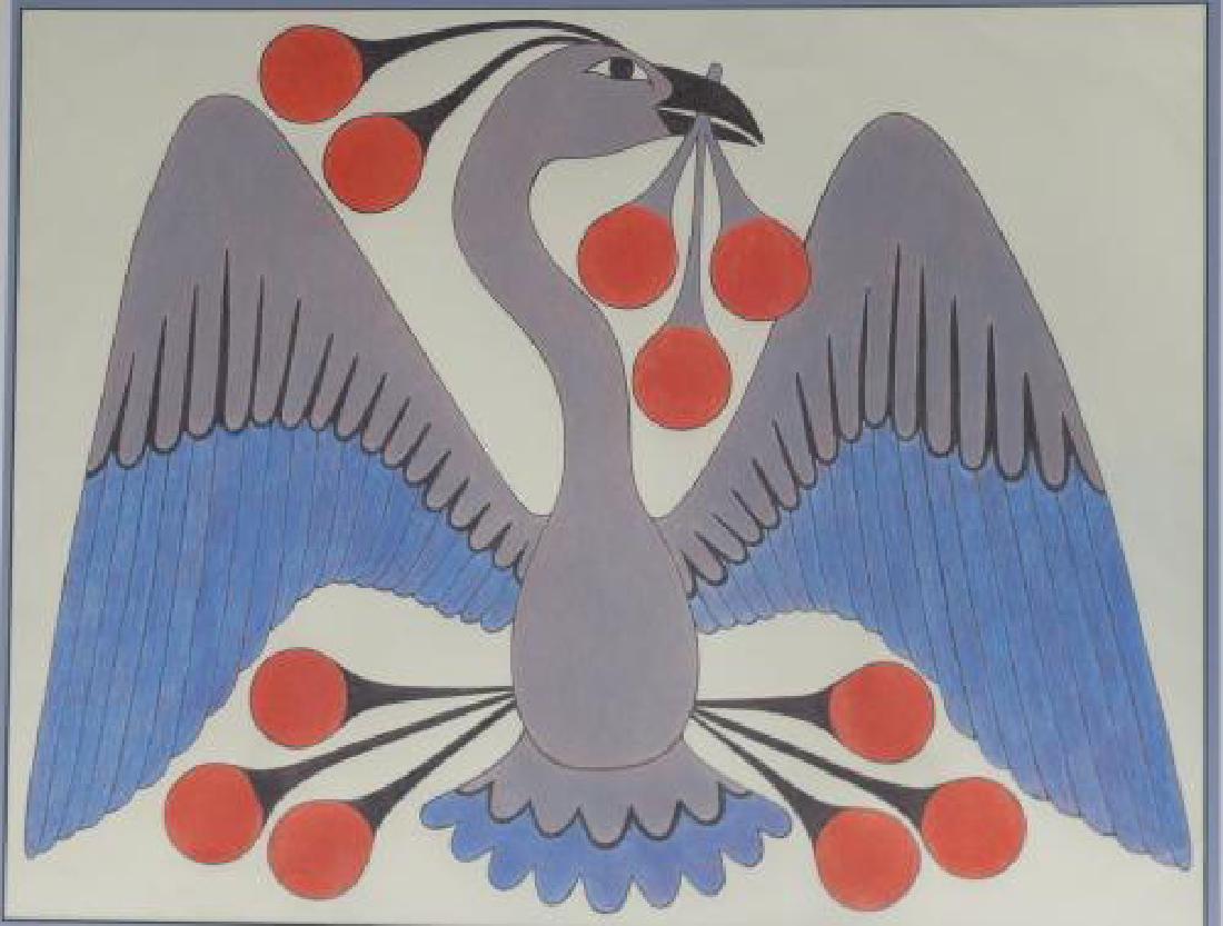 KENOJUAK ASHEVAK, WINGED BIRD, Hand Colored Drawing:: KENOJUAK ASHEVAK, WINGED BIRD, Hand Colored Drawing: ASHEVAK (1927-2013) Considered the "Picasso" of Inuit Art. One of Canada's Most Decorated Artist with Hundreds of Shows and Awards. 20" x 26" Matte