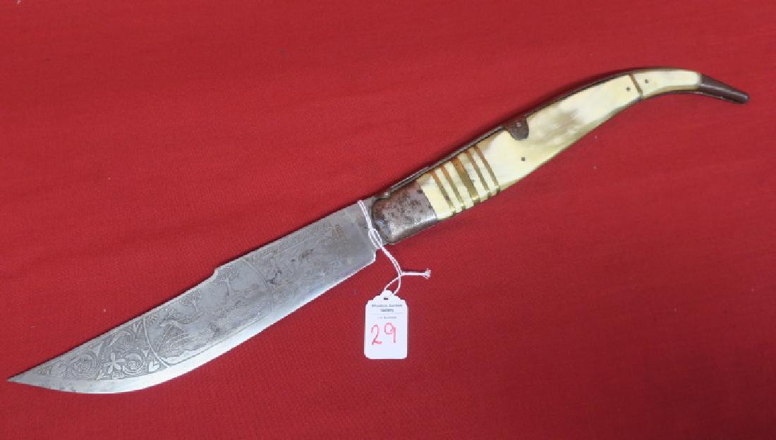 Spanish TOLEDO Large Locking Blade Folding Knife:: Spanish TOLEDO Large Locking Blade Folding Knife: 10" Bowie Style Blade Decorated with Running Deer and Hunting Dog and Symbols, Signed "Rdo DE ESPANA TOLEDO" Ratchet Locking Device with Release Lever