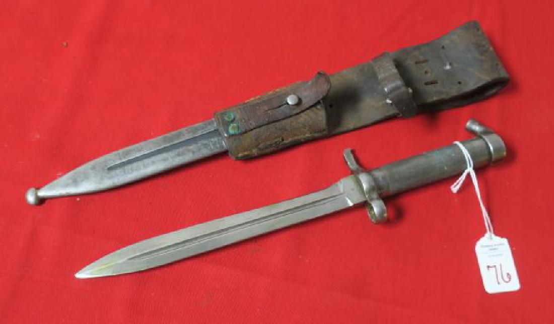SWEDISH MODEL 1896 BAYONET for MAUSER ACTION RIFLE:: SWEDISH MODEL 1896 BAYONET for MAUSER ACTION RIFLE: Manufactured at the ESKILSTUNA Plant has EJEAB Stamp. Tubular Steel Grips and Unique Pull Release. 8 1/4" Blade with Fuller. metal Scabbard and Leat