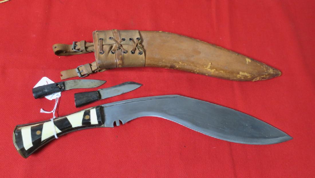 NEPALESE KUKRI with Inlaid Bone and Stone Handle:: NEPALESE KUKRI with Inlaid Bone and Stone Handle: Geometric Patterns in Handle of this Chopper Weapon of the Nepalese Gurkhas. 12" Heavy Blade is a Stabbing and Hacking Weapon and is Not Thrown. Plain