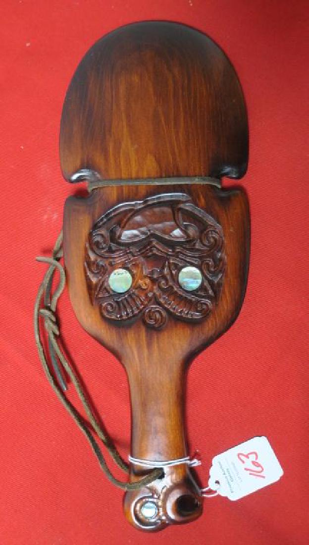 MORI PATU Mahogany War Club, New Zealand:: MORI PATU Mahogany War Club, New Zealand: Carved Polynesian War God On Each Side with Mother of Pearl Eyes. Mother of Pearl Eye on Bird Head Pommel, 14" x 5 1/2". (70-300)