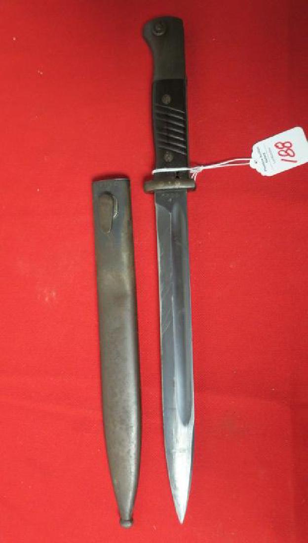 GERMAN K98 Mauser Bayonet with Scabbard and Frog:: GERMAN K98 Mauser Bayonet with Scabbard and Frog: Very Nice Example of this Mid World War II Bayonet, Manufactured 1939. 10" Long Blade with Deep Fullers. Eagle Head Pommel and Compo Grips. Metal Scab