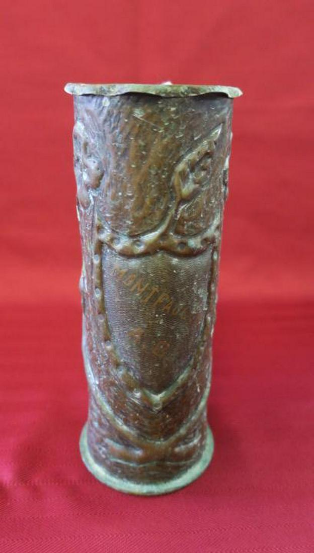 TRENCH ART, Brass Artillery Canister Vase, GREAT WAR:: TRENCH ART, Brass Artillery Canister Vase, GREAT WAR: Art Work Made by soldiers to avoid the Boredom the Trenches, Chased and Pounded Artillery Canister. Gift for Mom Back Home. "MONTEAUCON A.B." Fran