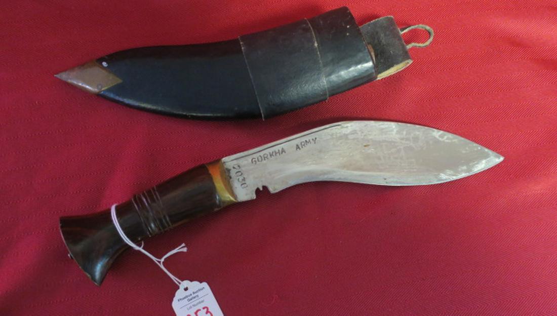 Nepalese Army Style GURKHA KURHI Knife:: Nepalese Army Style GURKHA KURHI Knife: Clean Blade Marked "GORKHA ARMY, 2030". 9" Blade is 14" LOA, with Black Leather and Wood Scabbard. (100-250)