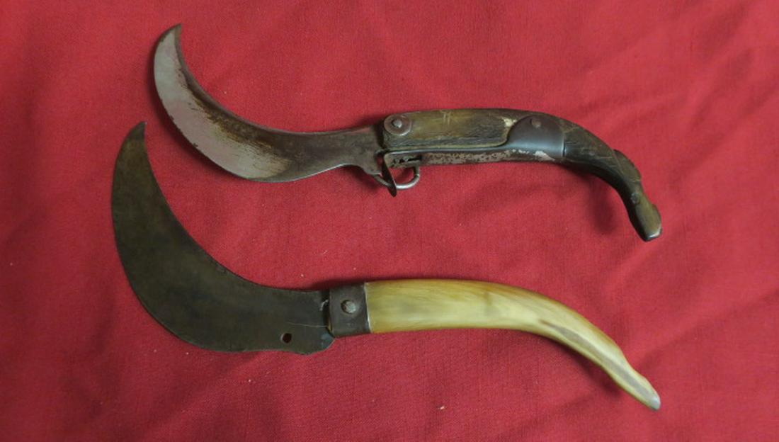 Two HOOKBILL Folding Locking Single Blade Knives:: Two HOOKBILL Folding Locking Single Blade Knives: Antique, CA 1900. (80-150)