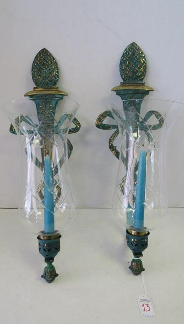 Pair of Virginia Metal Crafters Brass Sconces:: Pair of Virginia Metal Crafters Brass Sconces: Artichoke and Ribbon Pattern with Cut Glass Hurricane Shades. Cast Brass with Ver di Gris Finish. 22 3/4"T. Mounting Brackets Included. (150-250