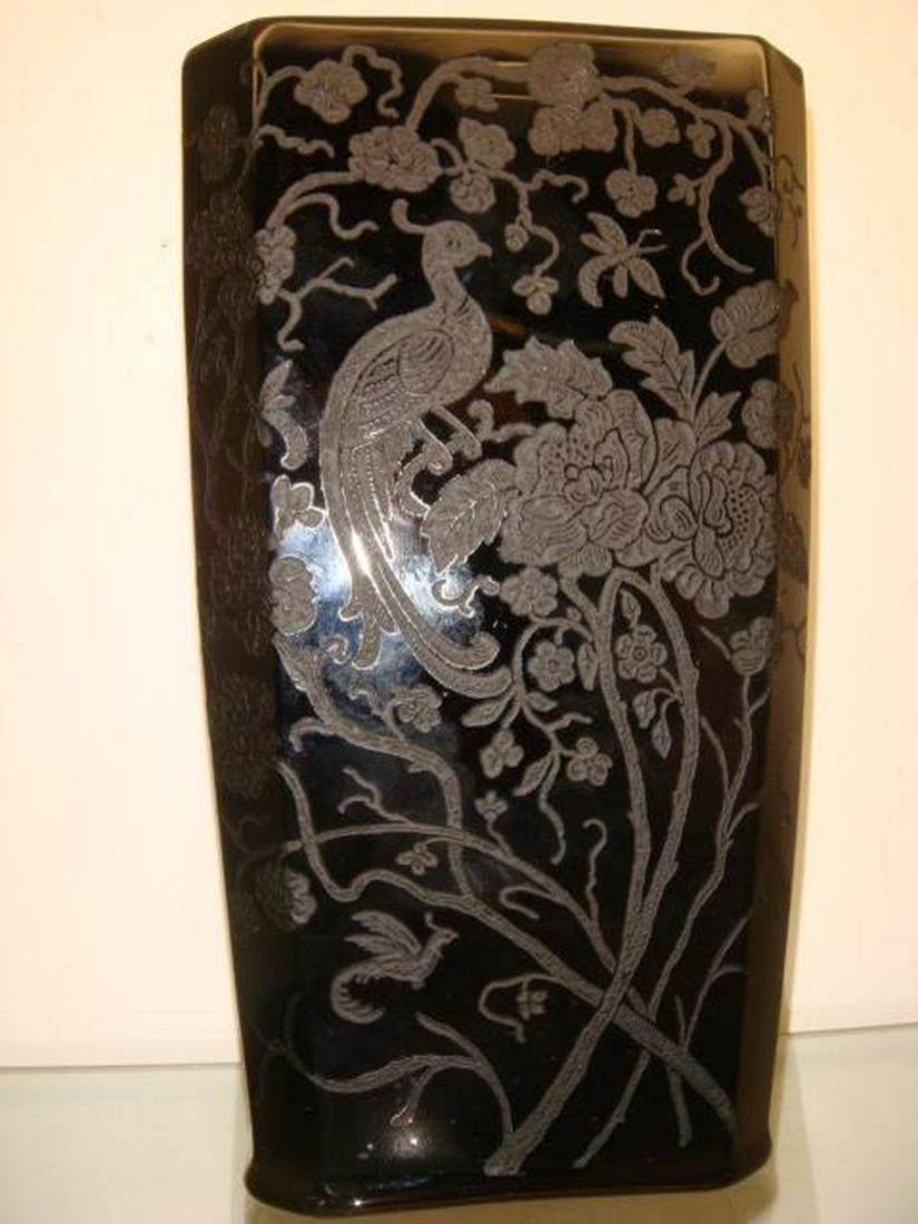 PADEN CITY Black Glass Vase with Peacock & Rose:: PADEN CITY Black Glass Vase with Peacock & Rose: Black Amethyst Squared Vase is 9"T, 3 1/4" X 5". Deep Etched Vines with Peacock and Roses on Two Sides. CA 1920's. (100-200)