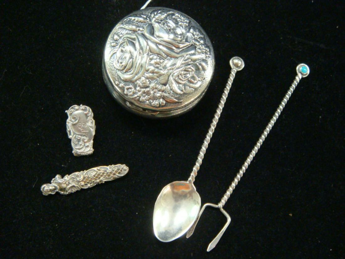 Cocktail Fork, Spoon, Powder Box, Slide and Clip:: Cocktail Fork, Spoon, Powder Box, Slide and Clip: Handmade Sterling Spoon and 2 Prong Olive Fork with Twisted Stem. Rose Embossed Powder Box with Hinged Lid and Gold Wash Interior. Victorian Sterling 
