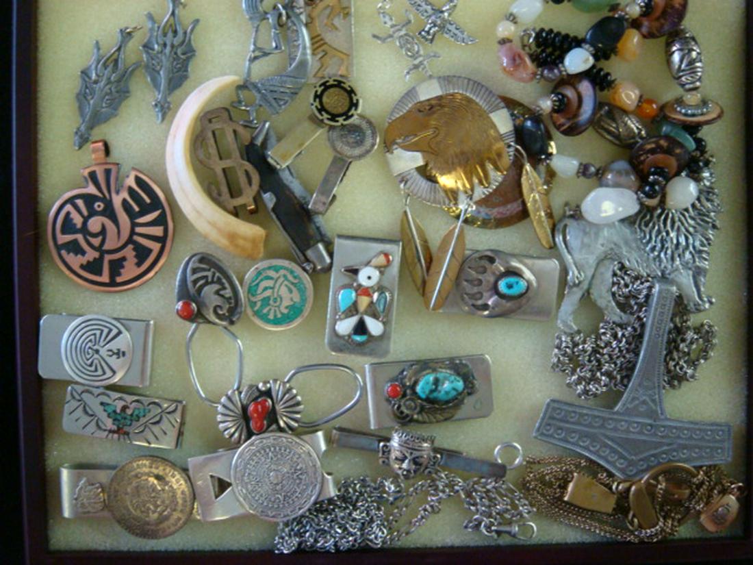 Vintage Native American & Mexican Silver Items, More:: Vintage Native American & Mexican Silver Items, More: Virgil Reeder Navajo Sterling and Gold Filled Eagle Pin/Pendant with Hanging Feathers. Signed VR Sterling with Paw Mark. Two Kokopelli Pendants, L